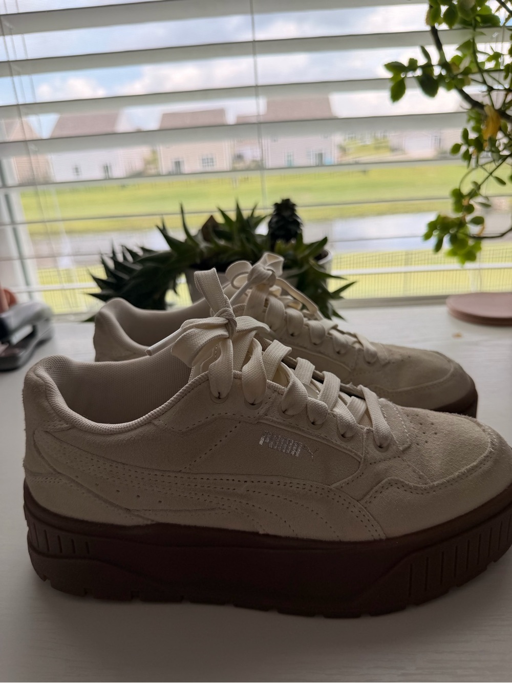 Puma Cream Suede Platform Sneakers with Brown Sole - Picture 1 of 4